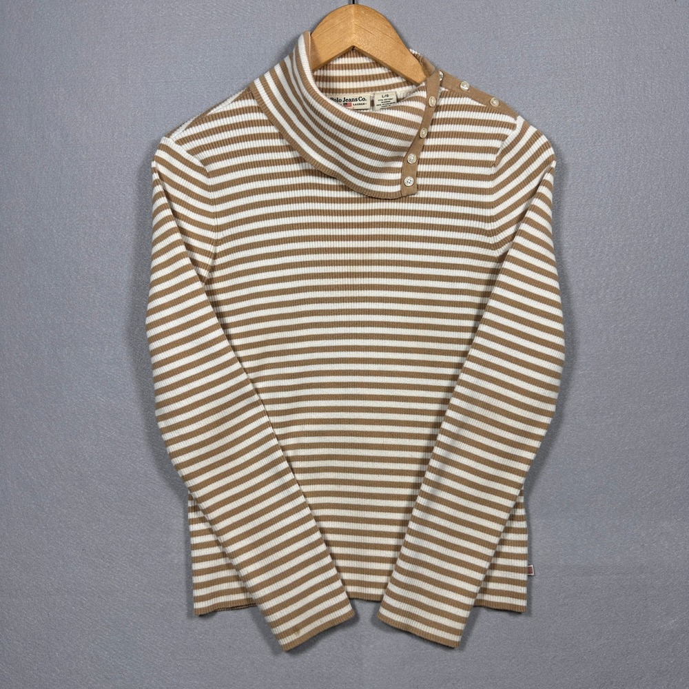 VTG Polo Jeans Co Ralph Lauren Tan White Striped Button Collar Turtleneck Knit L